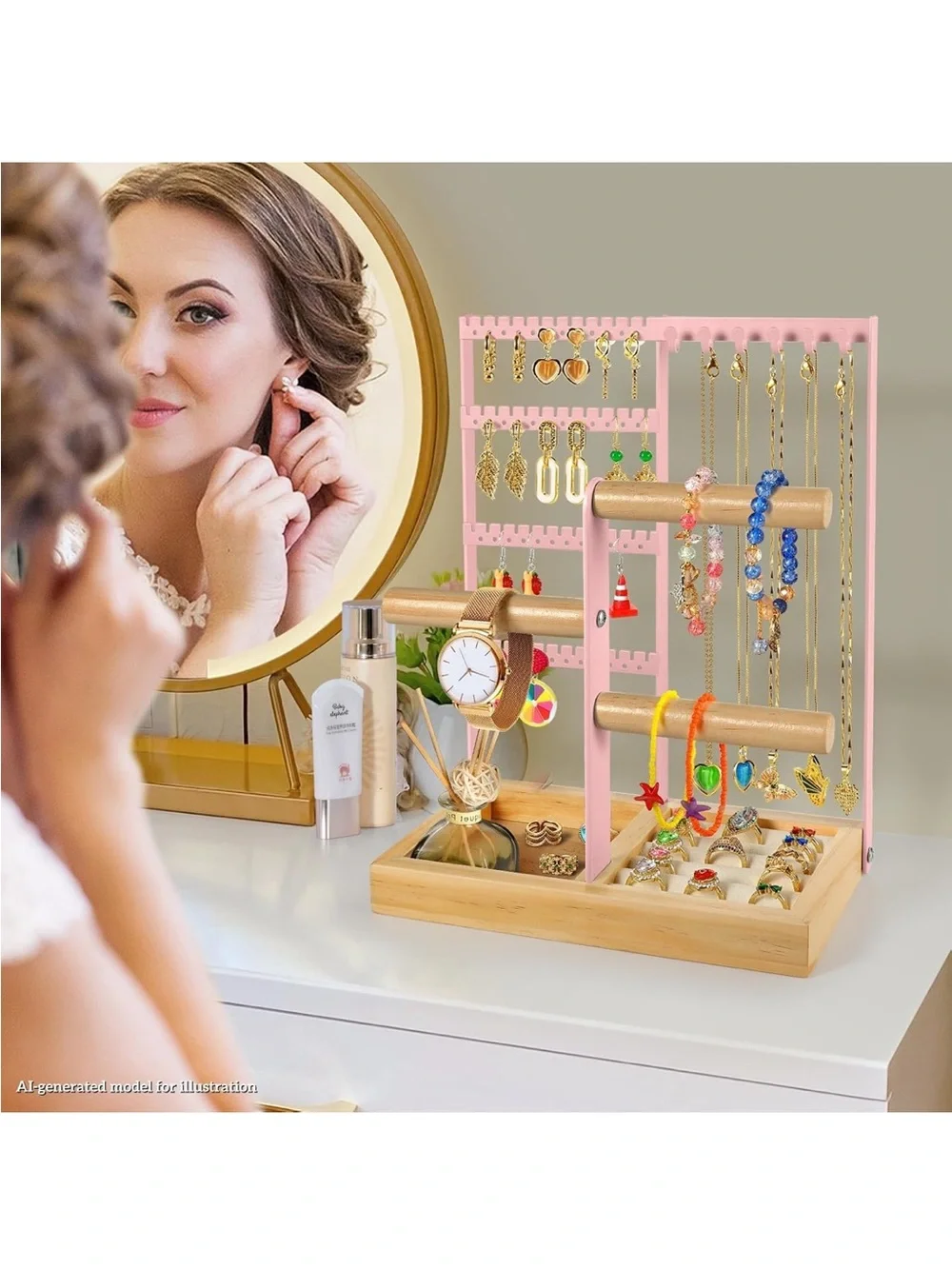 Pink Jewelry Organizer Stand with Ring Holder & Earring Display EUC